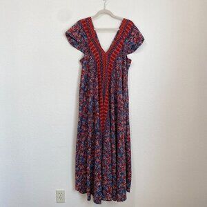 Anthropologie Boemo Double V Neck Cap Sleeve Floral Boho Kaftan Maxi Dre…